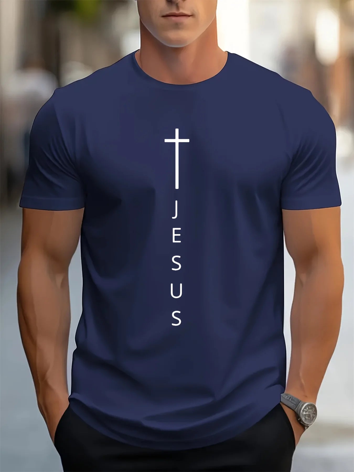 Men's Summer 100 Cotton Fashionable Casual Loose Large Cross and Jesus Letter Printed Sports Round Neck Short Sleeve T-shirt Top