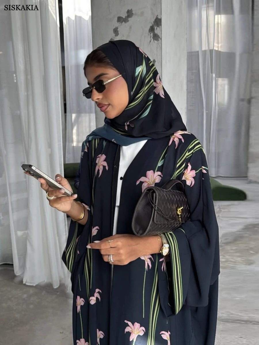 Siskakia Muslim Elegant Floral Print Women Open Abaya Mesh Hijab included Long Sleeve Kaftans