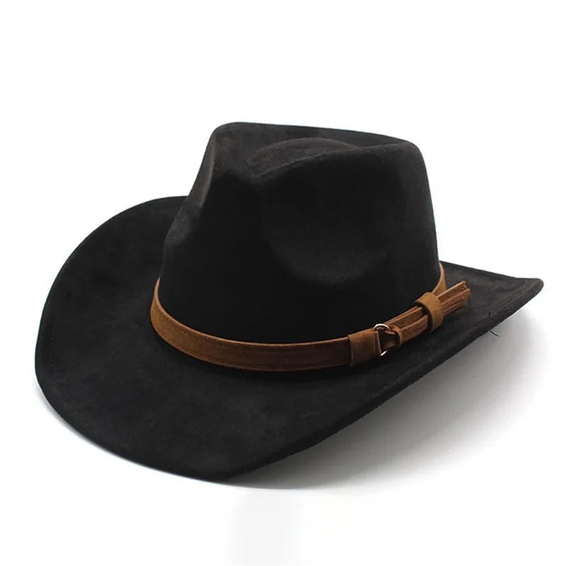 Women Men Felt Cowgirl Cowboy Hat Unisex Vintage Retro Soft Wide Brim Chamois Western Hat with Belt for Party