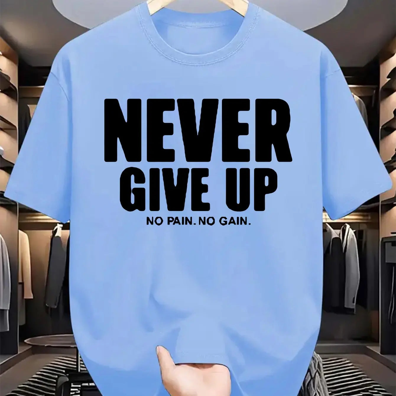 Men's 100% pure cotton fashionable casual loose sports never give up letter pattern printed round neck short sleeved T-shirt top
