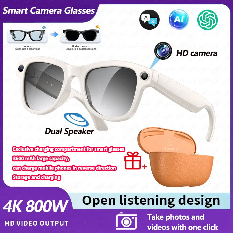 AI Smart Glasses 800W Pixel Camera Translation AI Voice Anti-Shake Video Record Dual Speaker Charging Case BT Call Smart Glasses