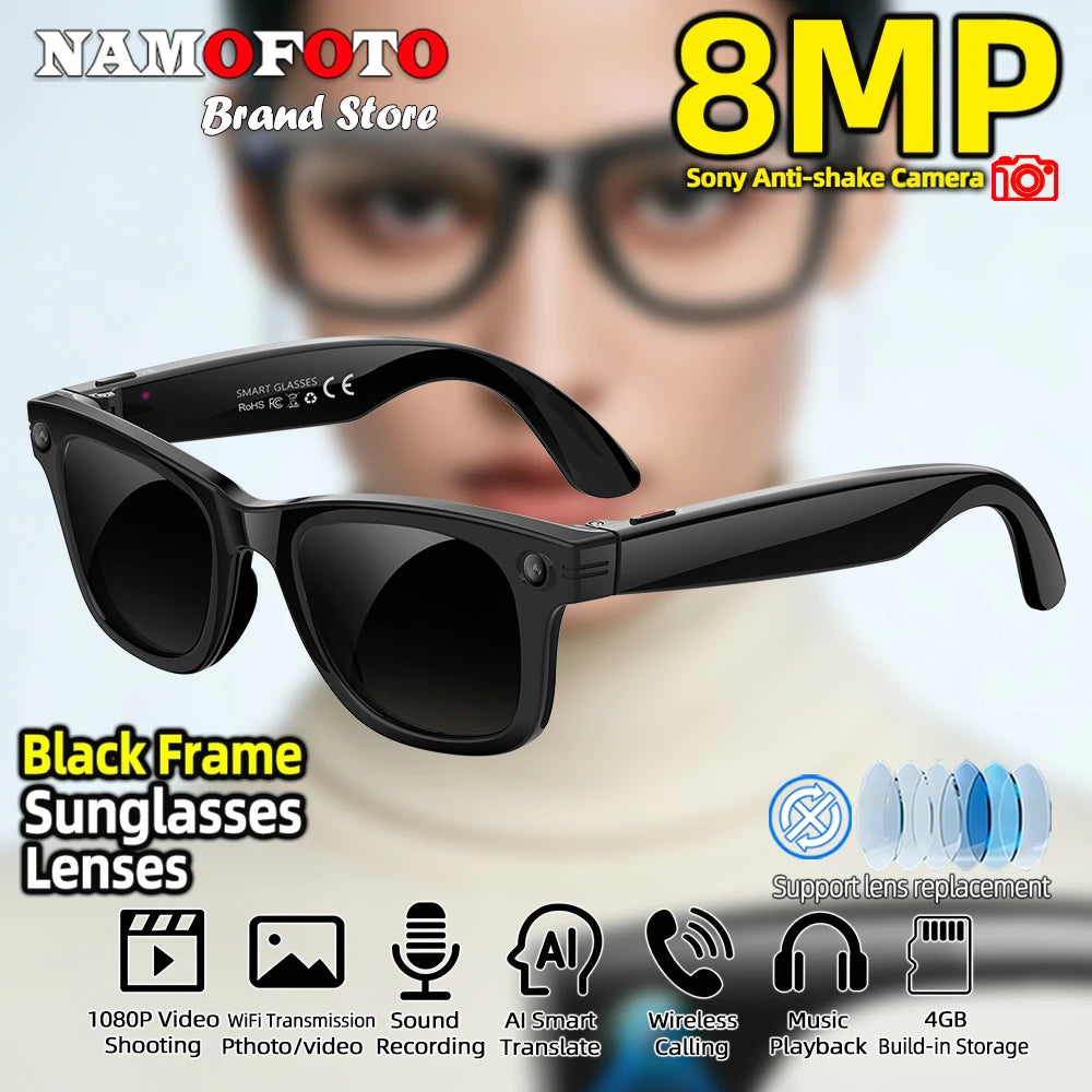 2026 New AI Smart Glasses with 8MP Camera 1080P Video Record 4GB Men Women SI Real-time Translation BT Call Music Play Lenses