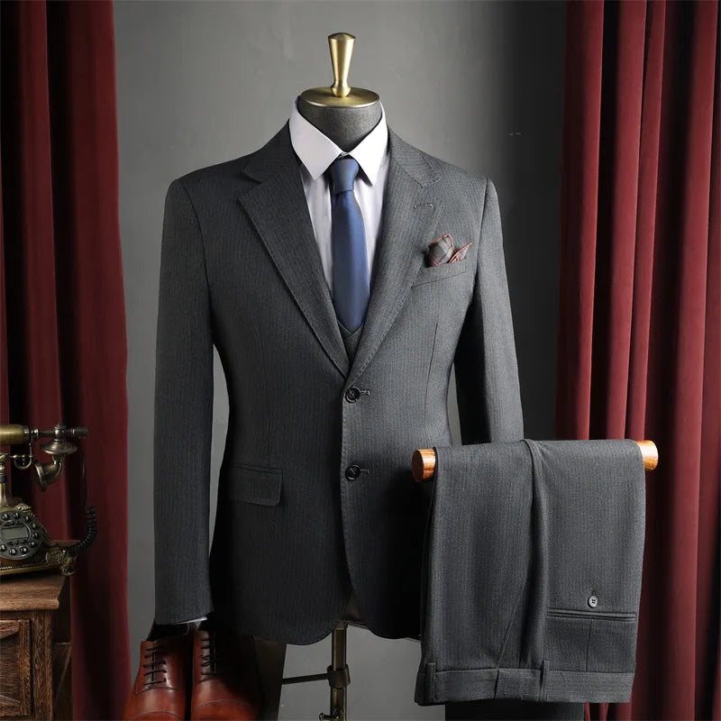 Man 3-piece Suit Outfit Single-breasted Long Sleeve Blazer Men V-neck Vest Straight-leg Pant Male Striped Business Casual Set