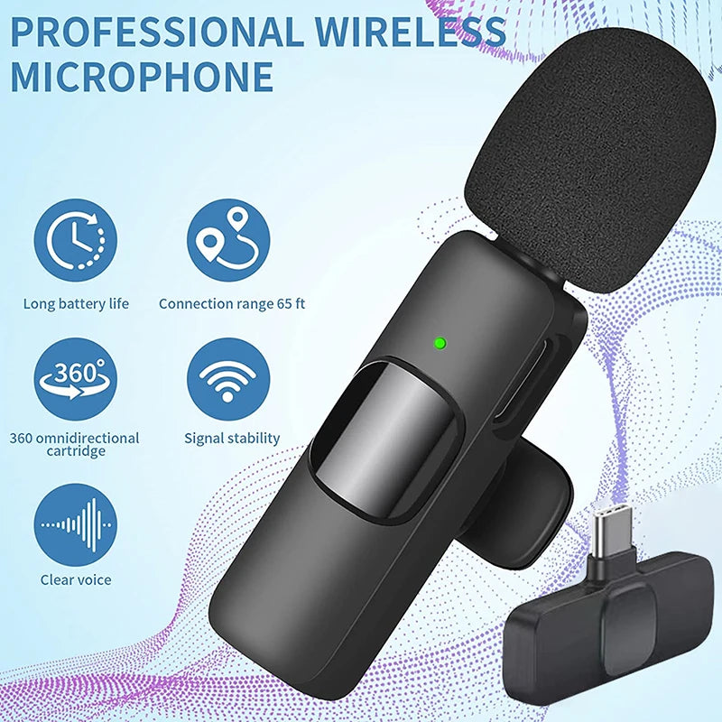 Wireless Lavalier Microphone Portable Audio Video Recording Mini Mic for Android Live Broadcast Gaming Phone Mic
