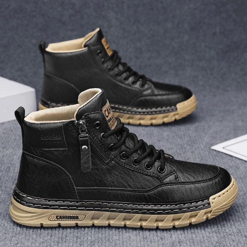 Mens High Top Leather Ankle Boots Comfortable Motorcycle Boots Non Slip Walking Training Shoes Botas Outdoor Treking Footwear