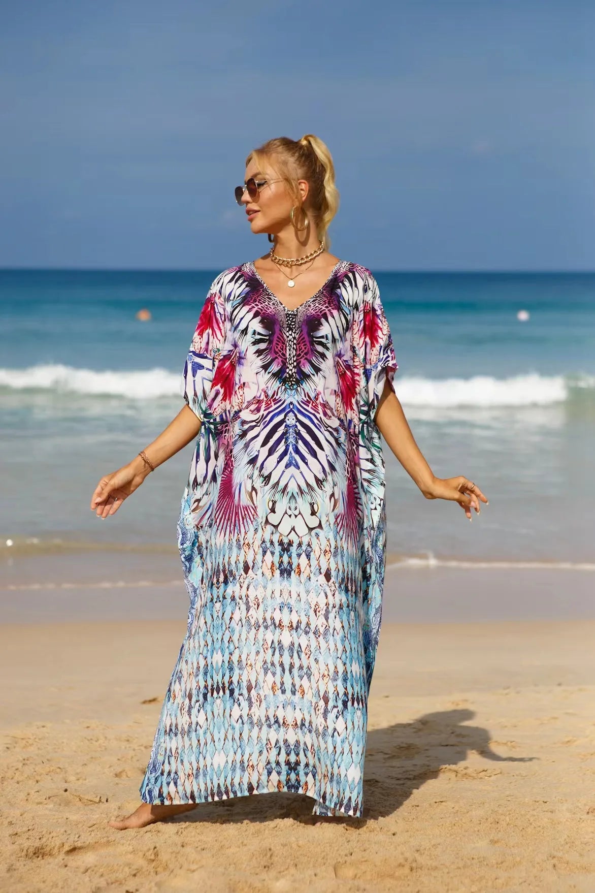 Kaftan Dresses Tropical Printed Cover Ups for Swimwear Women Elegant Maxi Robe Holiday Bathing Suits Dropshipping Hot Sales