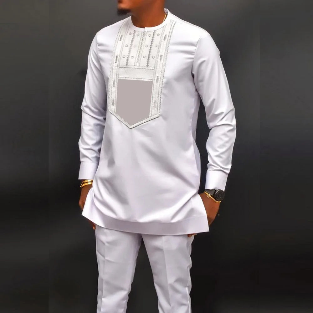 Kaftan Luxury Designer Men's Set African Clothing Men Suit Solid Color Embroidered Top and Sweatpant 2Pcs Festive Wedding Simple