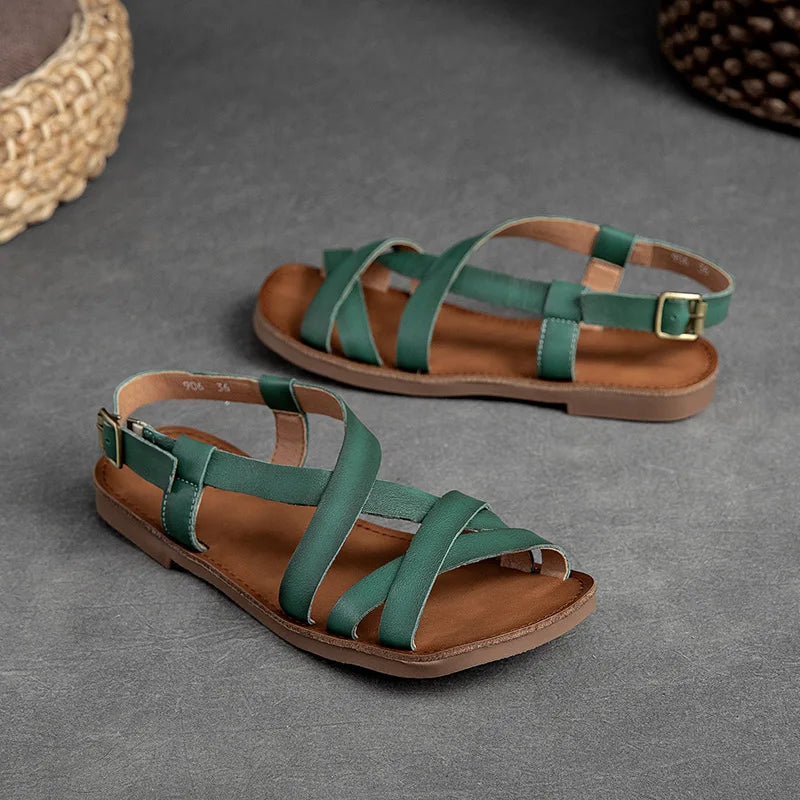 Johnature Simple Genuine Leather Flat Sandals 2026 Summer New Casual Solid Color Soft Sole Comfortable Versatile Women Shoes