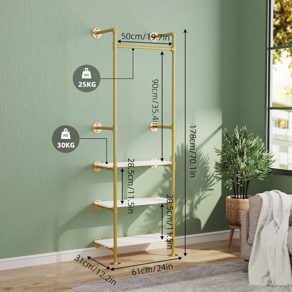 Heavy Duty Industrial Pipe Clothes Rail Hanging Open Wardrobe Shoe Rack Showroom Wall Mounted Garment Rack with 3 Shelves