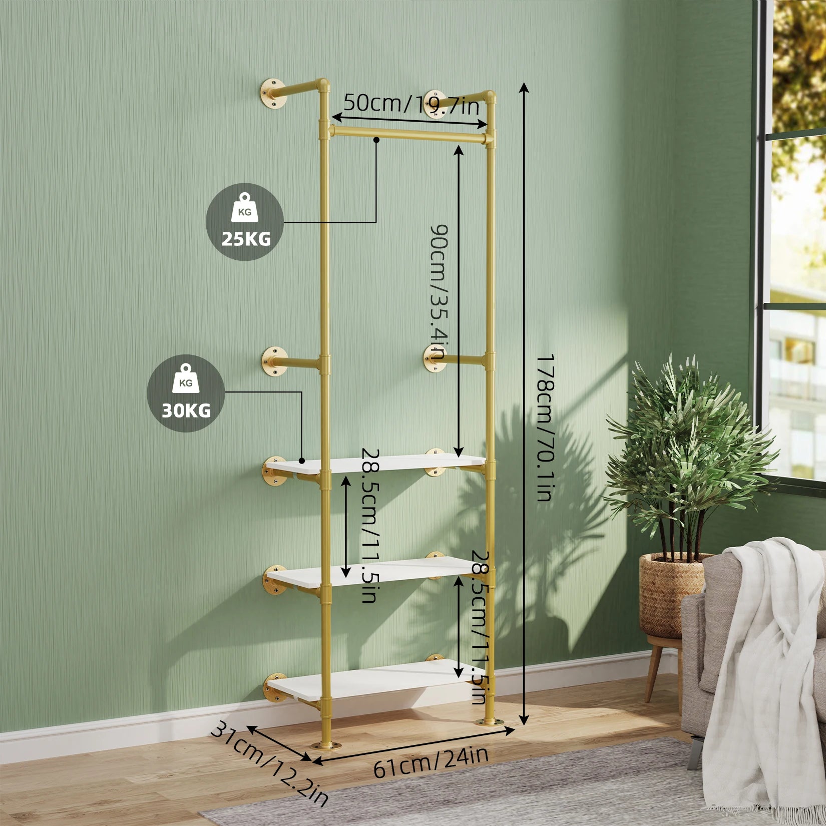 Heavy Duty Industrial Pipe Clothes Rail Hanging Open Wardrobe Shoe Rack Showroom Wall Mounted Garment Rack with 3 Shelves