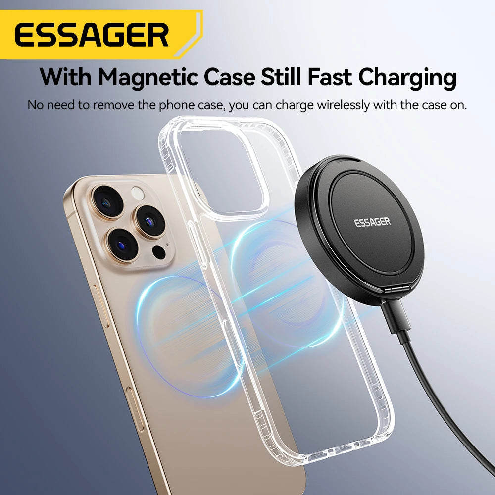 Essager Magnetic Wireless Charger With Holder 15W Fast Charging For iPhone17 16 15 14Pro Max Airpods Mini Wireless Phone Charger - Free Item Weekend (50% off).