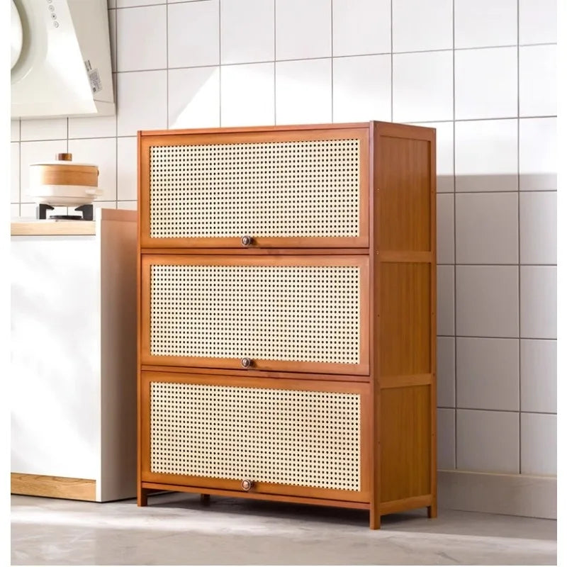 Kitchen Storage Cabinet with Handle, Mesh Door Microwave Oven Rack, Floor Standing Spice Organizer, Multi-Layer Tableware Shelf