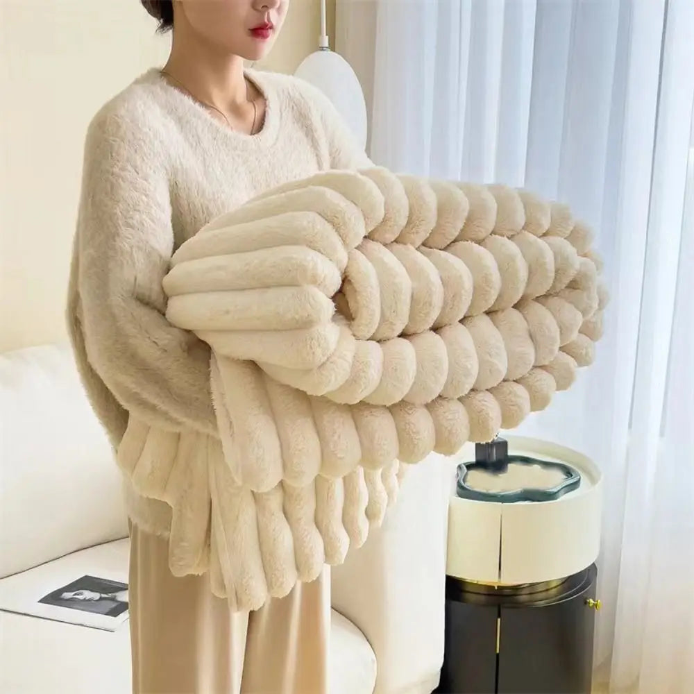 Ultra Soft Faux Rabbit Fur Throw Blanket Warm Plush Striped Blankets Conditioning Quilt Fluffy Throws for Couch Chair Sofa - Free Items Weekend (50% off)