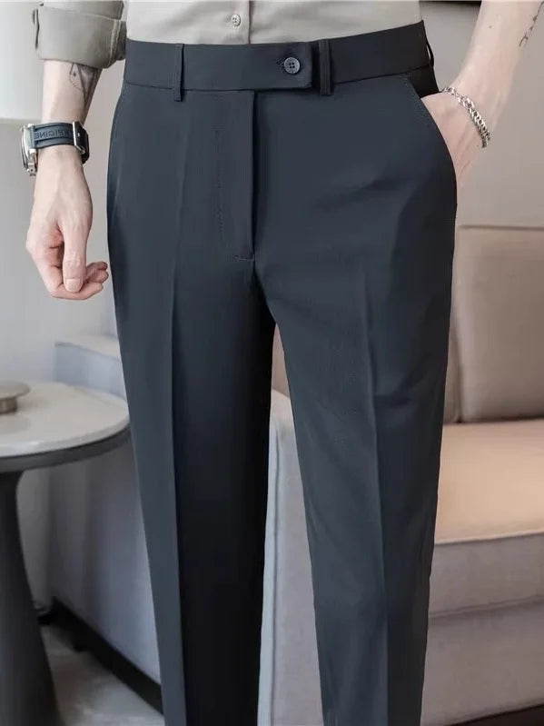 Summer Thin Men's White Casual Khakis 2025 New Nine-Piece Pants Side Button Busin Trendy Straight Leg Trousers for Young Men