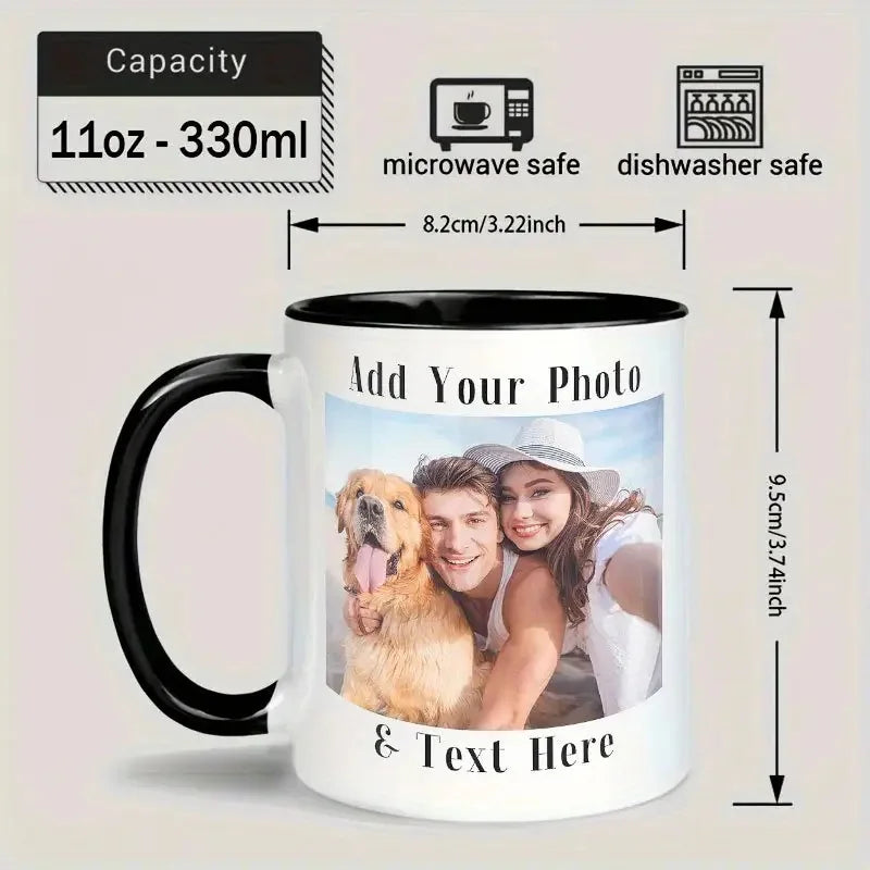 1 piece customizable, 11 ounce ceramic coffee cup, customizable with photos, text, and logo, perfect for office and family gifts