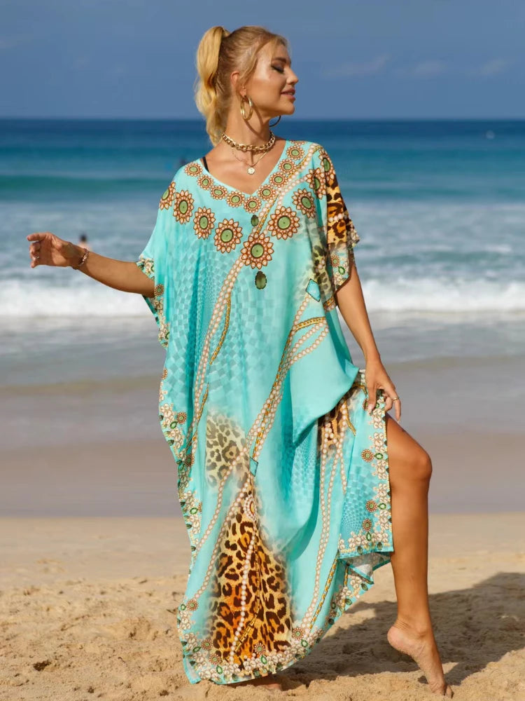 Kaftan Dresses Tropical Printed Cover Ups for Swimwear Women Elegant Maxi Robe Holiday Bathing Suits Dropshipping Hot Sales