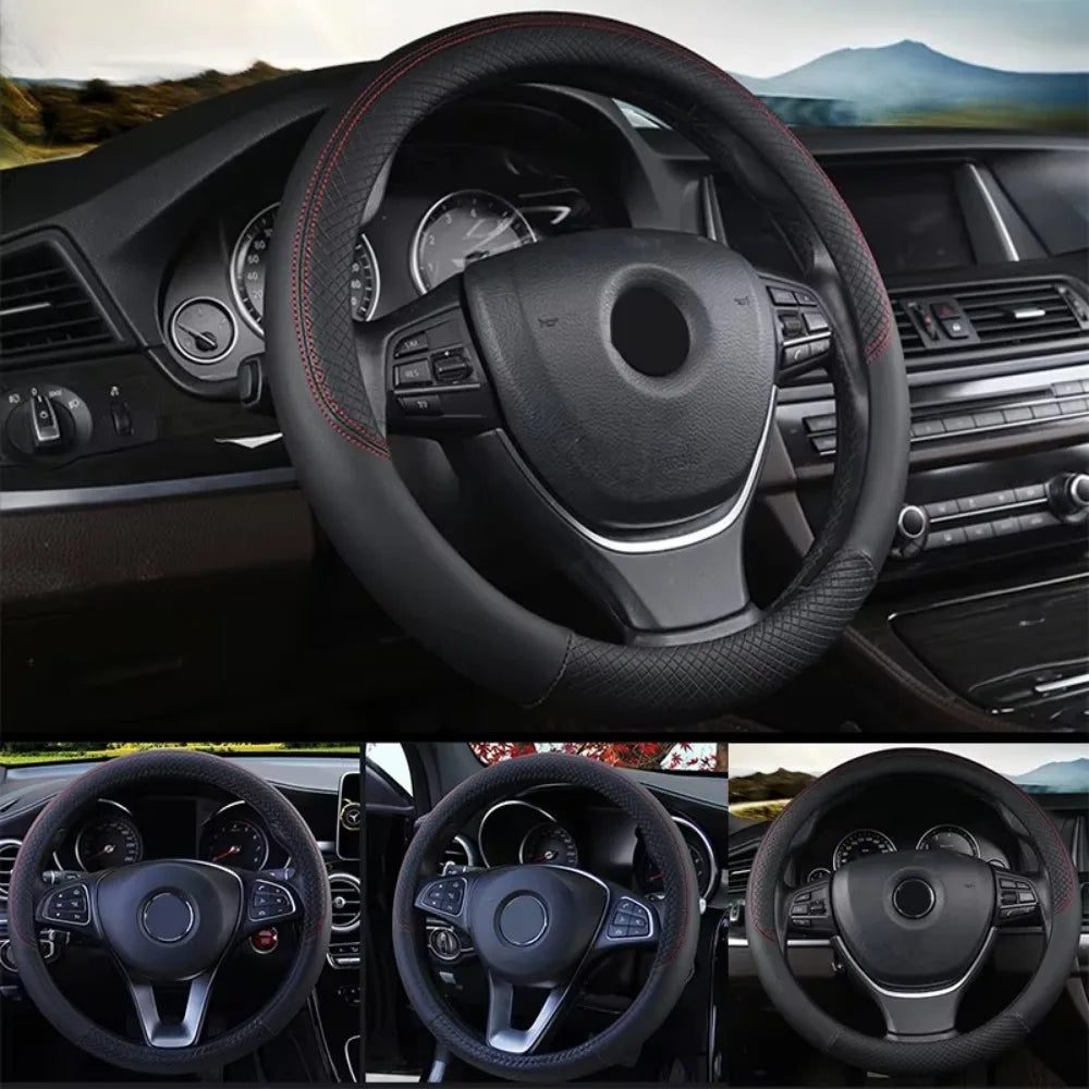 38cm Steering Wheel Cover PU Leather Anti Slip Steer Wheel Protector Fiber Braid Breathable Steering Cover