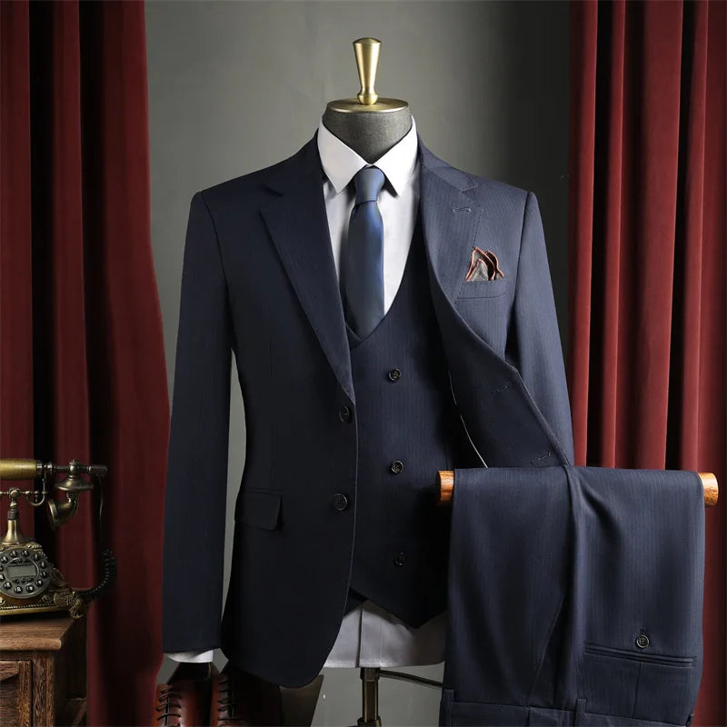 Man 3-piece Suit Outfit Single-breasted Long Sleeve Blazer Men V-neck Vest Straight-leg Pant Male Striped Business Casual Set
