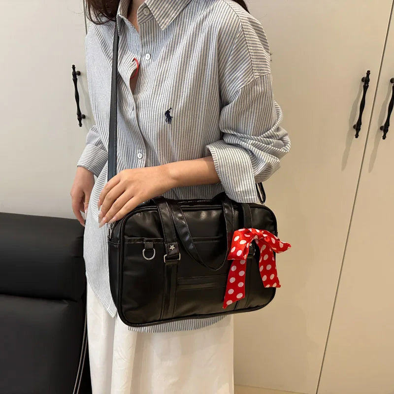 Large Capacity Women's Ribbon Shoulder Bags PU Leather Daily Ladies Crossbody Bag Solid Color College Girls Laptop Tote Handbags