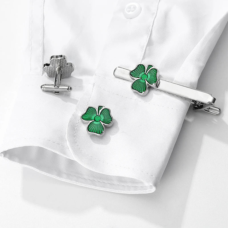 Fashion Enamel Four Leaf Clover Tie Clip Cufflinks Collar Studs Cuff Links Set Women Men Business Shirt Tie Jewelry Accessories