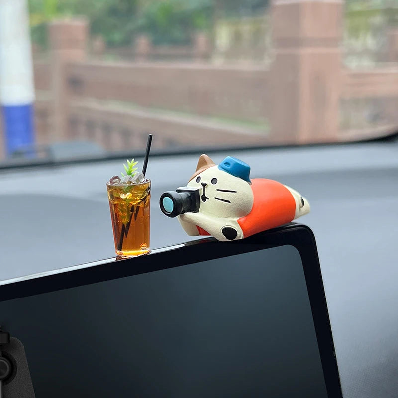 Auto Interior DIY Mini Cat Lemon Tea Coffee Scene Car Dashboard Ornaments Accessory
