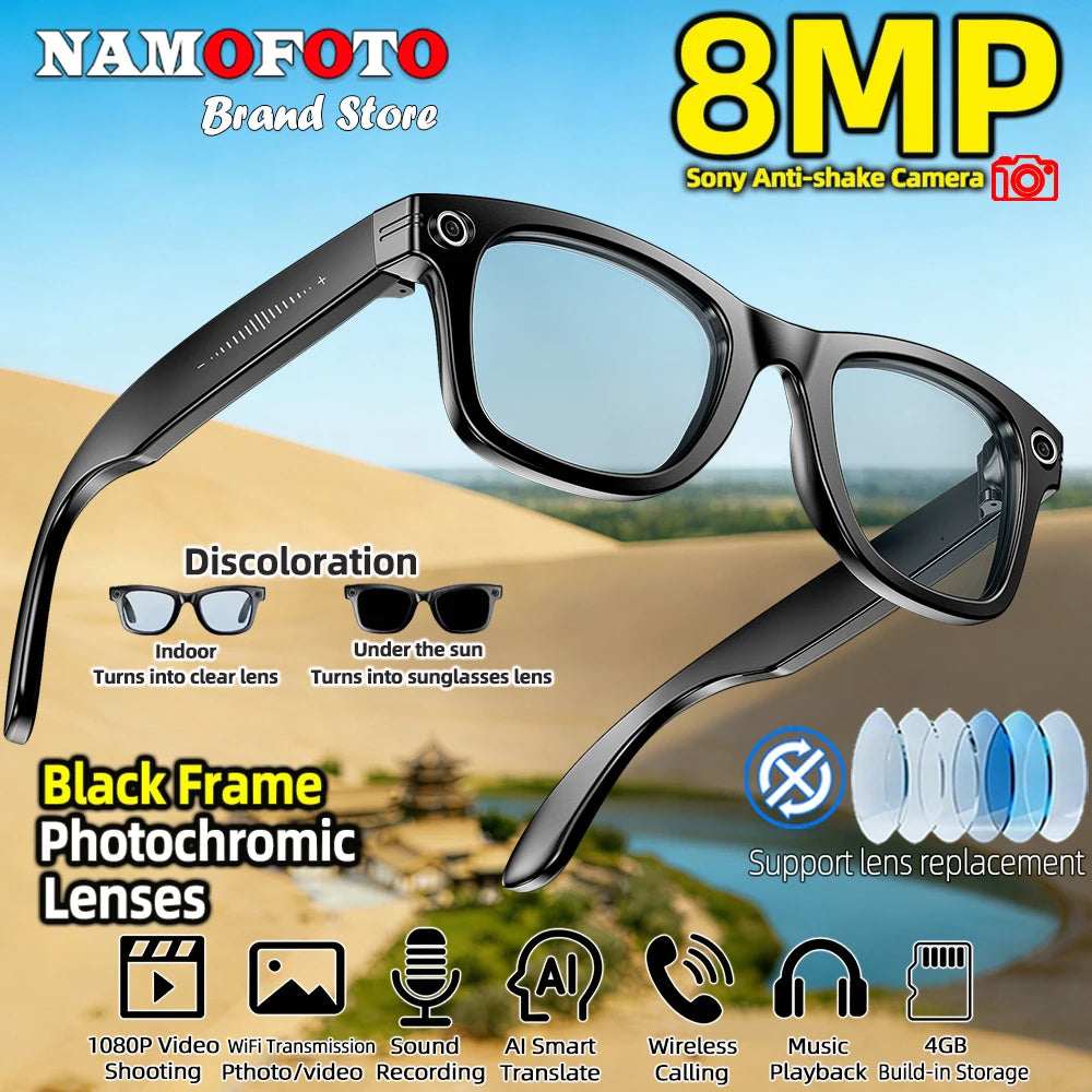 2026 New AI Smart Glasses 8MP HD Camera Real-time Translation SI BT Call Music Play Photo Video Recording Men Women Sunglasses