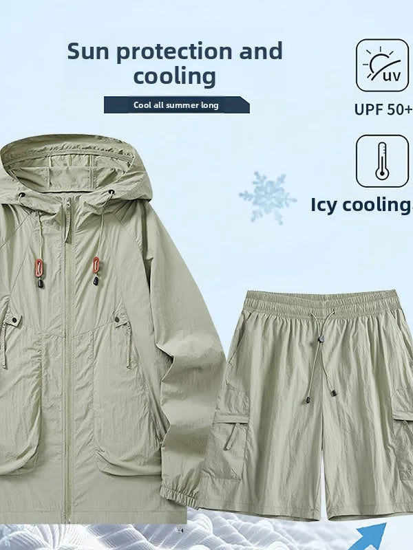 Men's Summer Thin Breathable Hat Sun Protection Suit Outdoor Fishing Climbing Function Couple Set Long Sleeve Short Pants