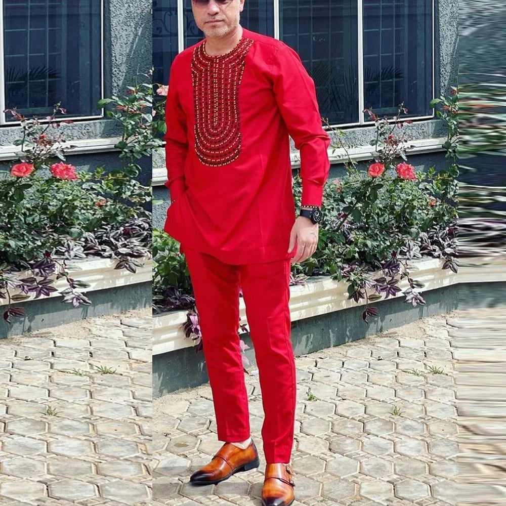 Kaftan Men's Suit African Ethnic Style Long Sleeve Solid Color Casual Suit Men's Traditional Clothing 2-piece Suit