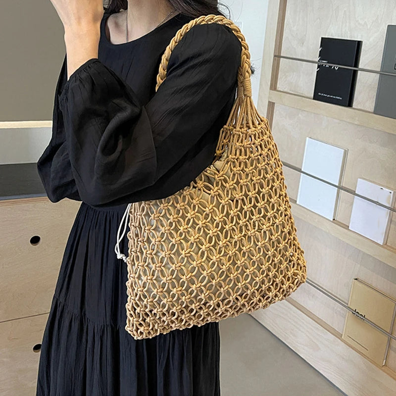 Hand-Woven Bag Women Handmade Hollow Handbag Female Shoulder Bag Big Capacity Summer Casual Travel Beach Tote Purse