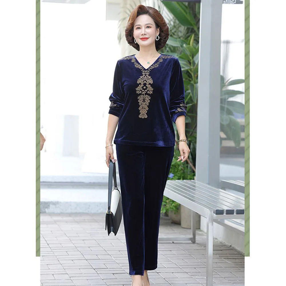 6XL 7XL Mom's Gold Velvet Sets Spring Autumn Large Size V-nevk  Hot Diamond Tops Pants 2 Piece Suit Elderly Women Velvet Outfit