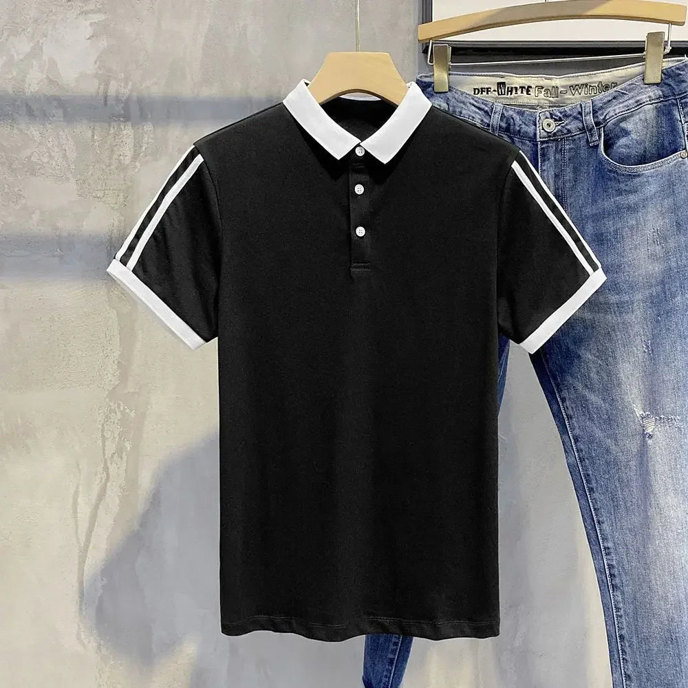 Clothes Black With Collar Male Tee Shirts Striped Polo Men's T-shirt New In Streetwear Ordinary Top Quick-drying Trend Popular