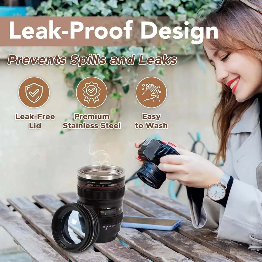 Camera Lens Mug Creative Camera Lens Stainless Steel Cup With Lid Portable Gift Cup For Outdoor Travel Camping For Photographers