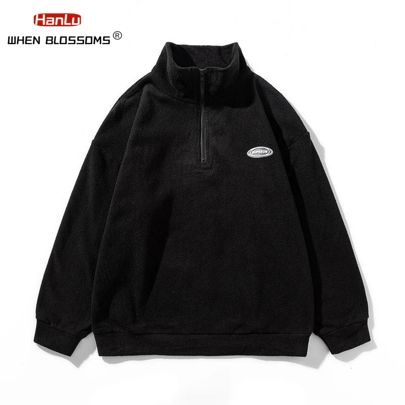 Autumn Winter Fleece Warm Stand Collar Embroidered Half Zip Men's Sweater New WoMen Fashion Streetwear Sweatshirts Casual Coats