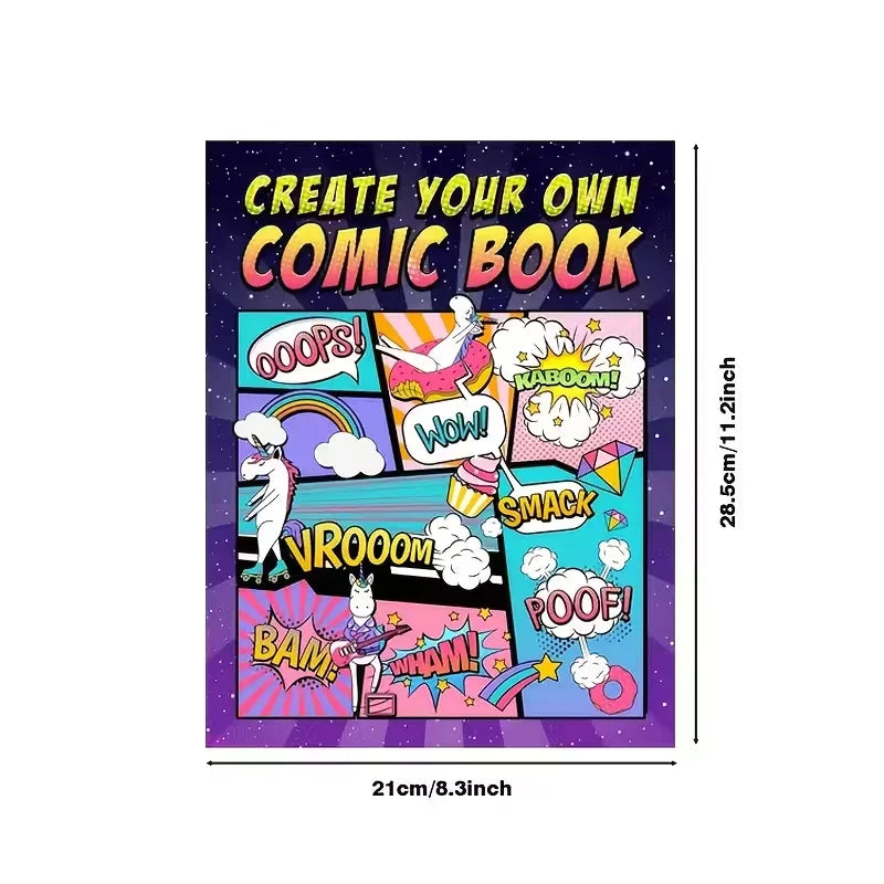 100-Page Blank Comic Book Template for Artists & Writers - Vibrant Cartoon Design with "Create Your Own Comic Book" Text