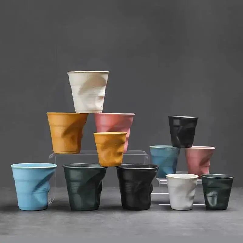 Coarse Pottery Coffee Cup   Hand Kneaded Pleated Cup Ceramic Latte Cup Espresso Cup Afternoon Tea Cup Vintage Cup