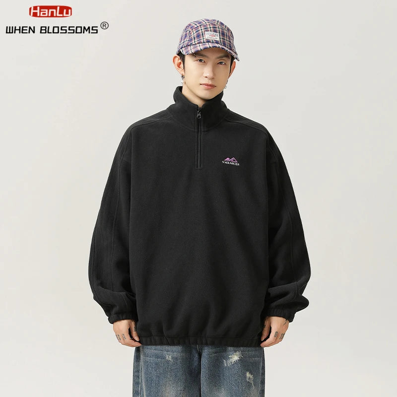 Autumn Winter Fleece Warm Stand Collar Embroidered Half Zip Men's Sweater New WoMen Fashion Streetwear Sweatshirts Casual Coats