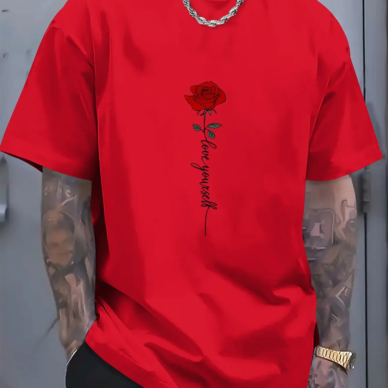 Men's summer 100 cotton fashionable casual sports loose red rose pattern printed round neck short sleeved T-shirt top