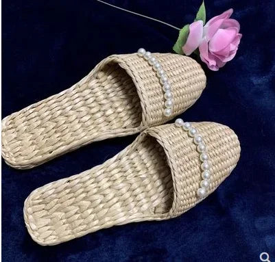 Unisex Hemp Slides Cut-Outs Grass Weaving Shoes Round Toe Novetly Hand-Made Massage Slippers Straw Natural Beige Wide Feet 44-3