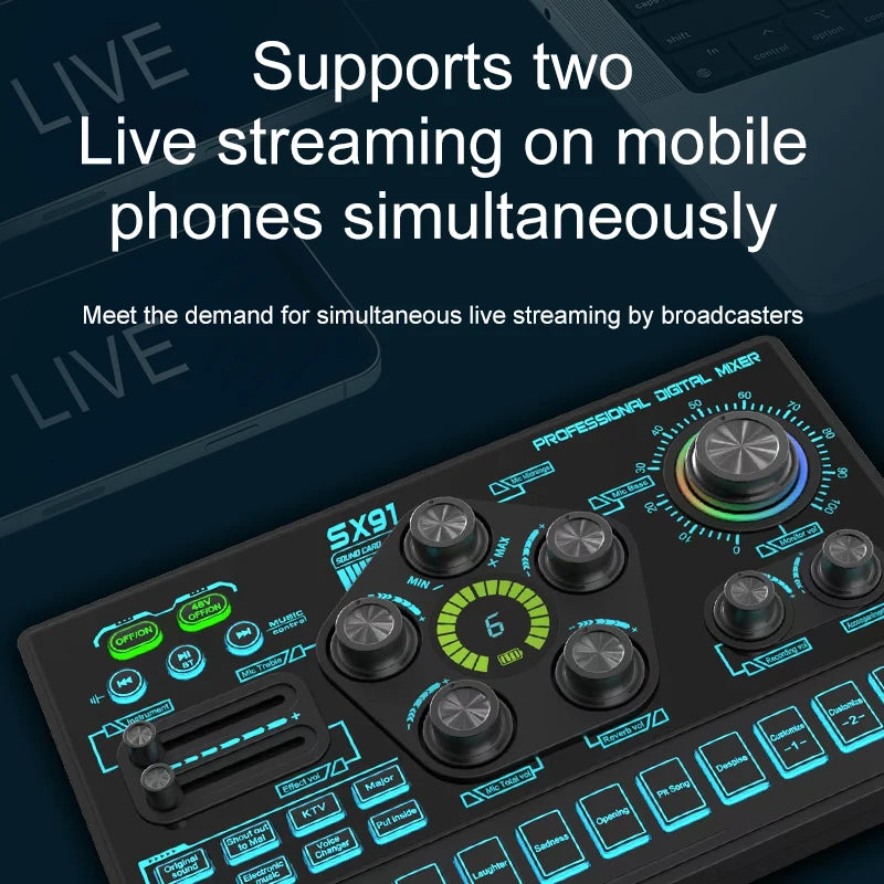 FUHAM SX91 48V Audio Mixer with Voice changer,Podcast Mixer,Sound Card for Phone Gaming Karaoke Studio Live Streaming Podcast