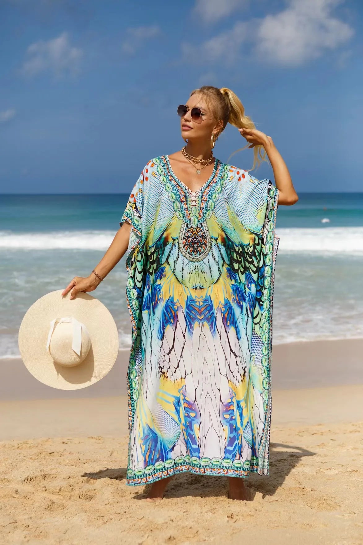 Kaftan Dresses Tropical Printed Cover Ups for Swimwear Women Elegant Maxi Robe Holiday Bathing Suits Dropshipping Hot Sales