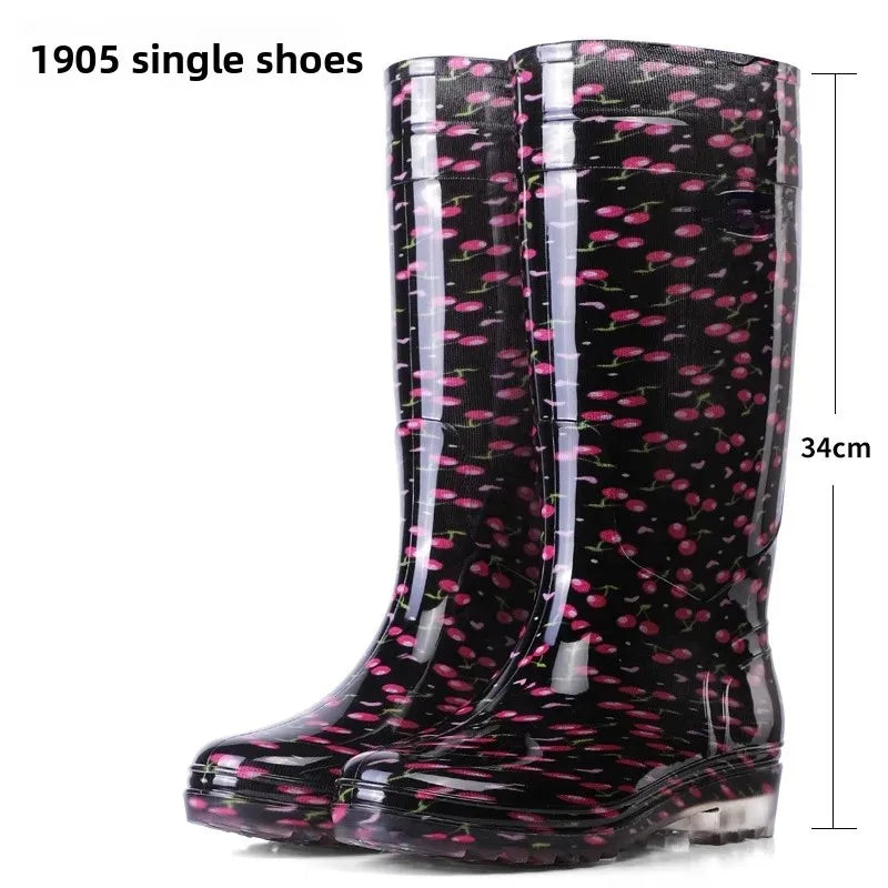 Anti-Slip High-Tube Crystal Flower Ladies Rain Boots PVC Material Kitchen Dining Hall Cleaning Fashionable Water Shoes