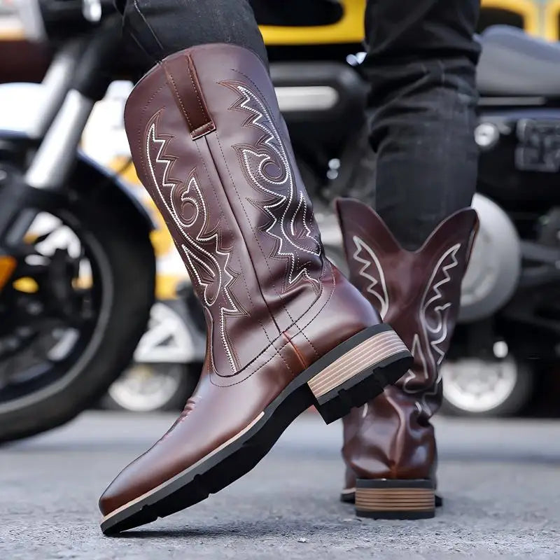 Men High Top Boots PU Low Heel Fashionable Retro Embroidery Classic Western Denim Men Boots