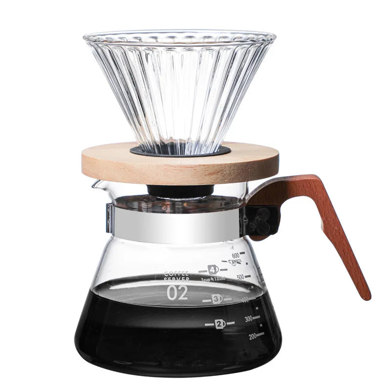 400/600ML Glass Pouring Cup Coffee Server with Wooden Handle High Borosilicate Glass Hand Brewed Coffee Sharing Pot