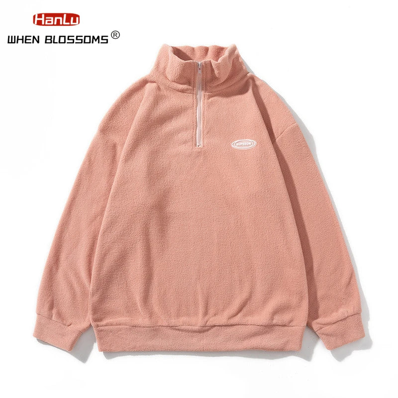 Autumn Winter Fleece Warm Stand Collar Embroidered Half Zip Men's Sweater New WoMen Fashion Streetwear Sweatshirts Casual Coats