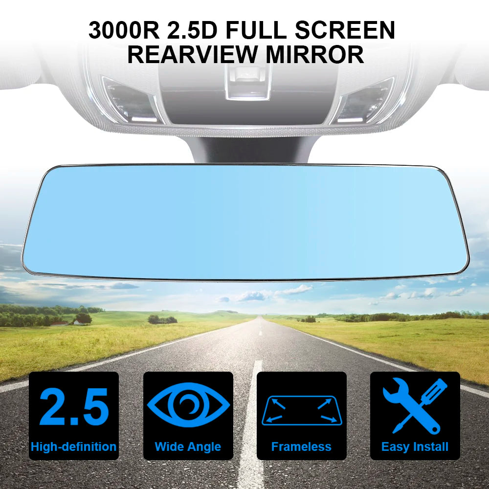 2.5D Full Creen HD Glass Car Interior Rear View Mirror 3000R Micro Curvature Lens Anti-glare Wide-angle Blue Frameless Mirror