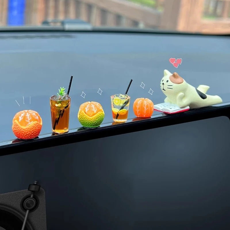 Auto Interior DIY Mini Cat Lemon Tea Coffee Scene Car Dashboard Ornaments Accessory