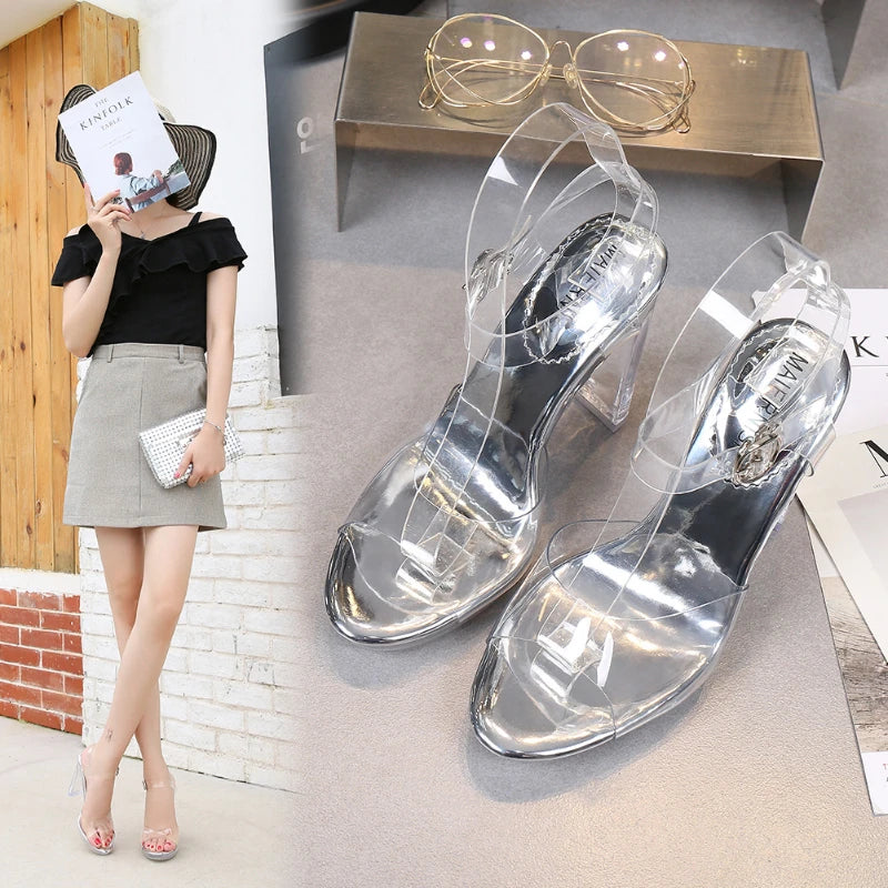 Korean Version Transparent Sandals Trendy Internet Celebrity High Heel Waterproof Platform Fashionable Crystal Thick Heel Buckle - Free Item Weekend (50% off).