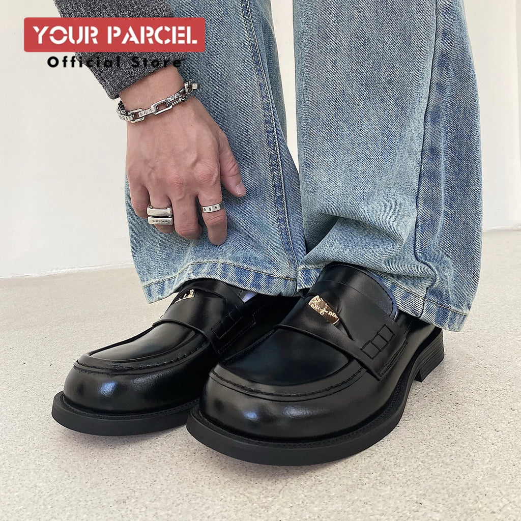 Slip in formal leather shoes for men's autumn new style retro metal coin design Loafer comfortable black British dress shoes