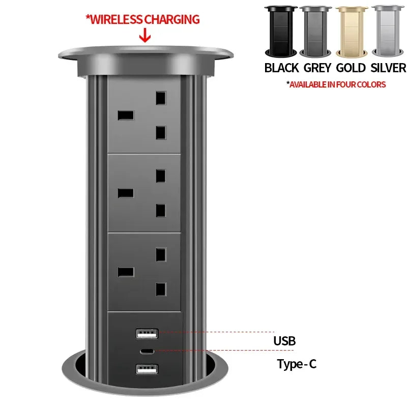 Motorized Pop up Tower Socket Wireless Charger Automatic Power Plug Desktop Worktop ,Eu Fr Socket USB Type-C Bluetooth Speaker
