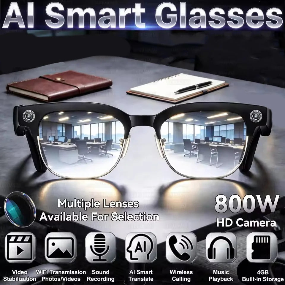 2026 New Al Smart Photo Glasses 800W Camera anti-shake HD Video Recording Translation Voice Assistant Music BTCall Smart Glasses